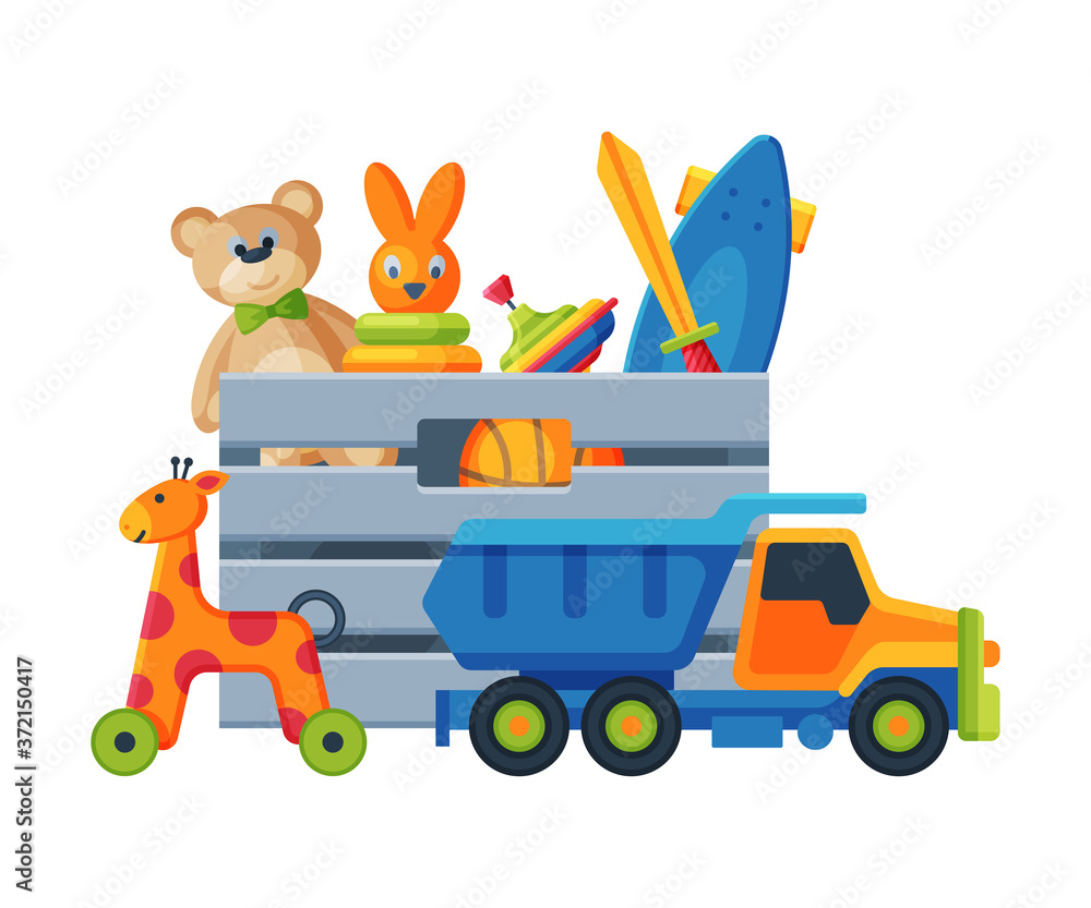 Box with Various Colorful Toys, Plastic Container with Truck, Teddy Bear, Scateboard, Pyramid, Giraffe on Wheels Flat Vector Illustration Box with Various Colorful Toys, Plastic Container with Truck, Teddy Bear, Scateboard, Pyramid, Giraffe on Wheels Flat Vector Illustration
