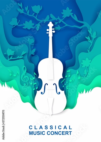 Vector layered paper cut style creative musical background with violin musical instrument, music notes, birds. Classical music concert vintage composition for poster banner flyer invitation.