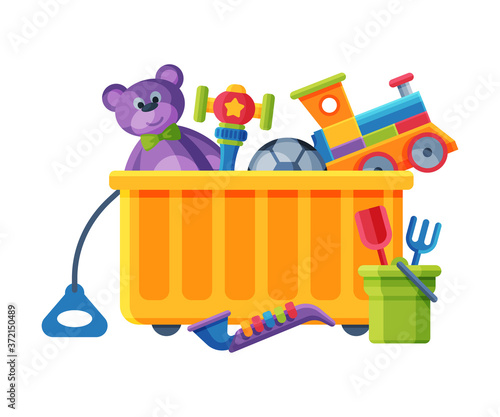 Box with Various Colorful Toys, Plastic Container with Train, Teddy Bear, Saxophone, Bucket and Rake Flat Vector Illustration