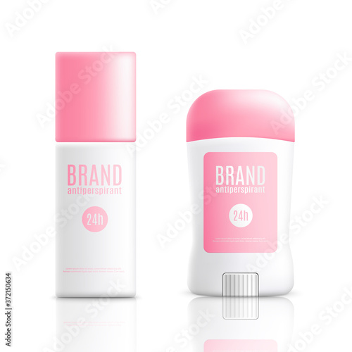 Realistic template and mockup of roller antiperspirant and plastic deodorant stick.