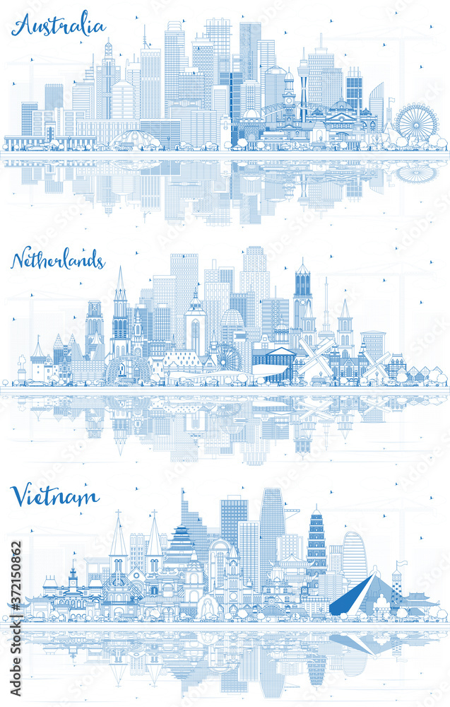 Outline Netherlands, Vietnam and Australia Skyline with Blue Buildings and Reflections.