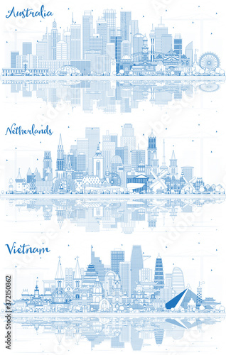 Outline Netherlands, Vietnam and Australia Skyline with Blue Buildings and Reflections.
