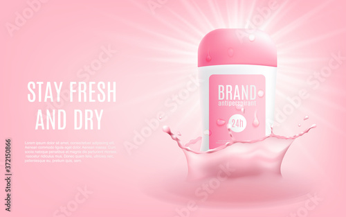 Advertising banner of woman deodorant with slogan realistic vector illustration.
