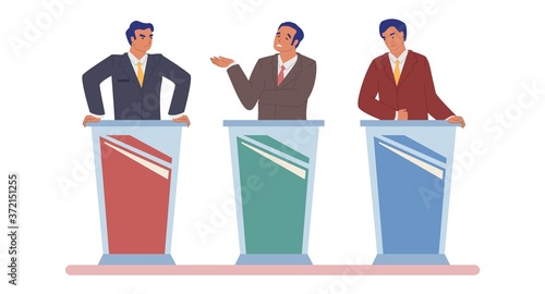 Live tv debate, political dialog between candidates, politicians, opponents male characters vector flat isolated illustration. Political meeting, talk show, election campaign, dispute, public speaking
