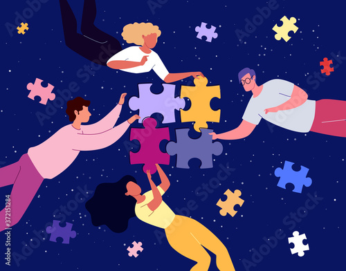 Teamwork. Interaction of partners and colleagues, problem solving. The concept of creating a business system and building a team. Flat illustration. Business people put together a puzzle.