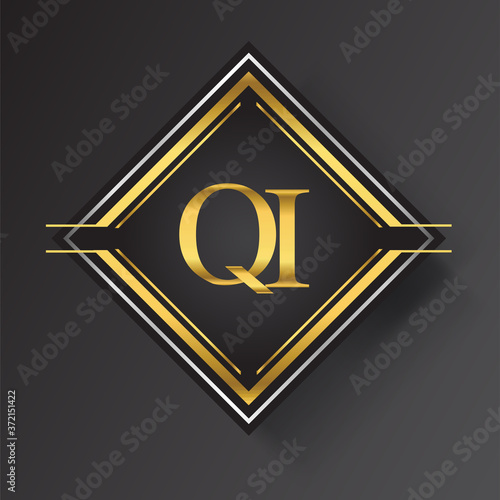 QI Letter logo in a square shape gold and silver colored geometric ornaments. Vector design template elements for your business or company identity.