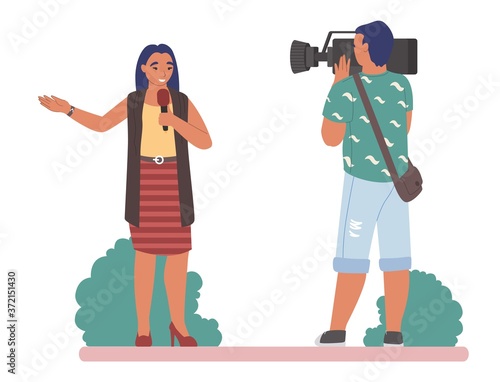 TV journalist or reporter female character speaking with microphone before operator recording live news in the street, flat vector illustration. Journalism, mass media, hot breaking news broadcast.