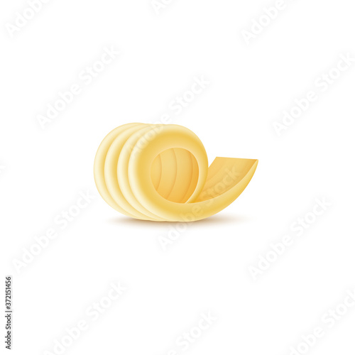 Realistic yellow butter curl isolated on white background