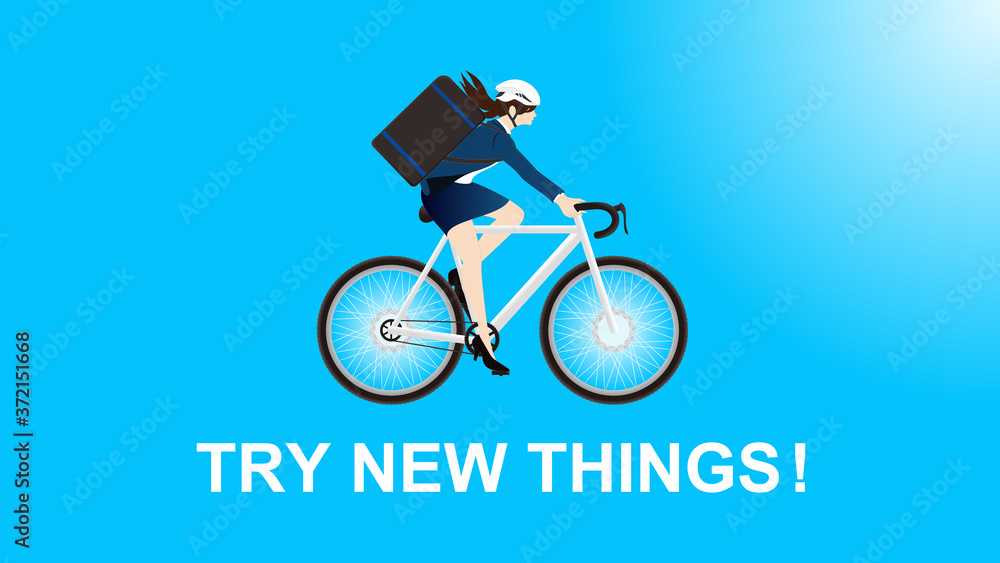 Fototapeta premium Female bicycle courier illustration. Concept of starting new things.