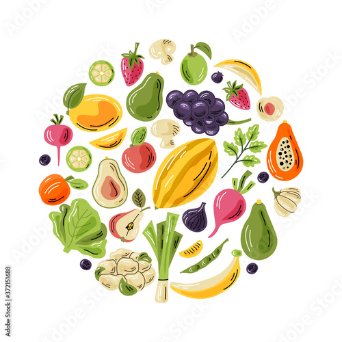 Vector fruits and vegetables in round composition. Bright illustration of healthy fresh food. Isolated design elements. 