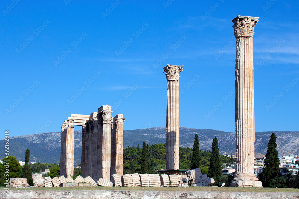 The Temple of Olympian Zeus , an important ancient temple in central Athens. Sunny day, blue sky 