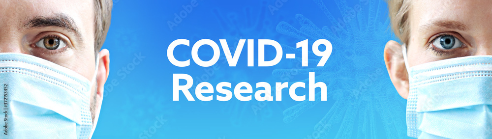 COVID-19 Research. Faces of man and woman with face mask. Couple wearing breathing mask. Blue background with text. Covid-19, coronavirus