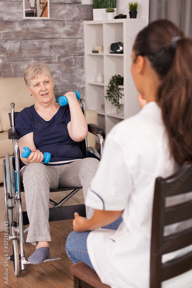 Fototapeta premium Old lady in wheelchair holding weights for recovery. Disabled handicapped old person recovering professional help nurse, nursing retirement home treatment and rehabilitation