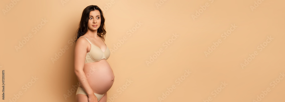 concept of thoughtful pregnant woman in lingerie looking away while standing on beige concept of thoughtful pregnant woman in lingerie looking away while standing on beige