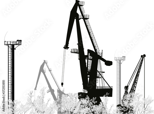 dock cranes on the back from trees isolated on white