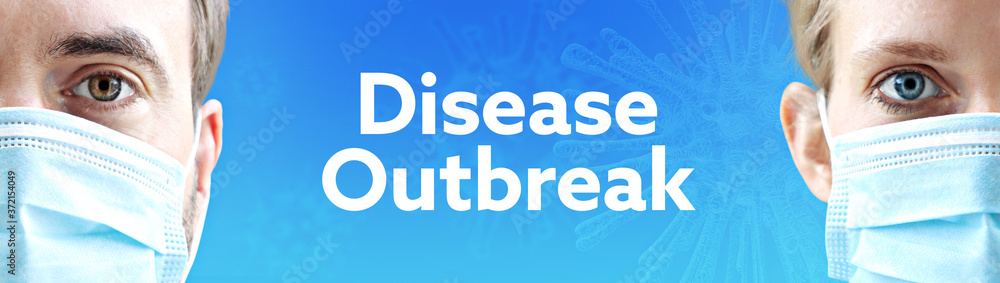 Disease Outbreak (Coronavirus). Faces of man and woman with face mask. Couple wearing breathing mask. Blue background with text. Covid-19, coronavirus Disease Outbreak (Coronavirus). Faces of man and woman with face mask. Couple wearing breathing mask. Blue background with text. Covid-19, coronavirus