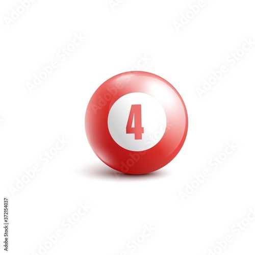Mockup of red bingo ball with number four realistic vector illustration isolated.