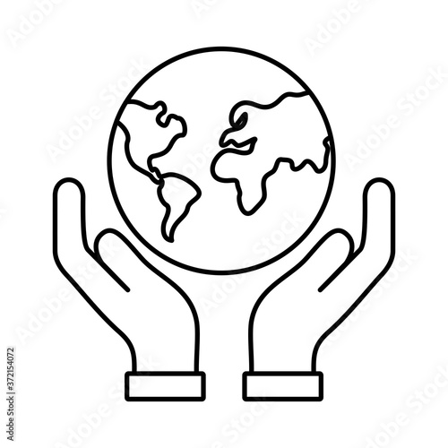 hands lifting world planet earth with continents line style icon