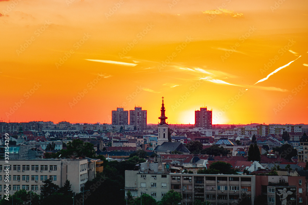 Sunset over the skyline of Novi Sad, Serbia