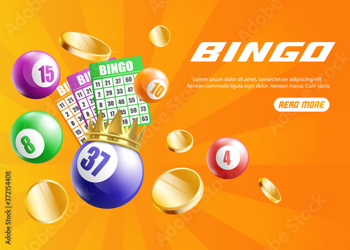 Bingo web banner with balls and cards on orange realistic vector illustration. photo