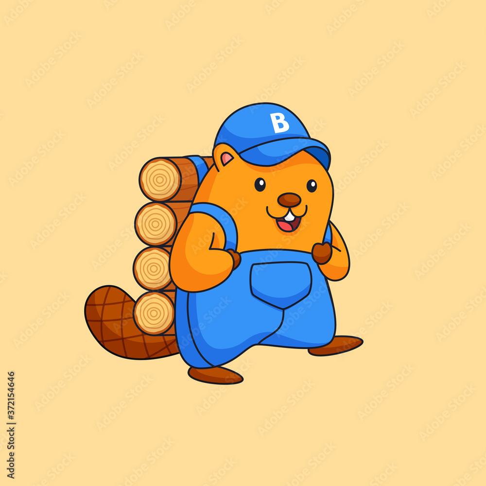 Happy beaver working hard carrying wood logs animal activity vector ...
