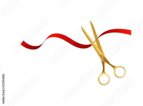 Golden scissors cutting red ribbon, realistic vector illustration isolated.