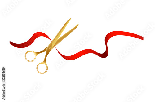Golden scissors cutting open red silk ribbon - realistic vector illustration