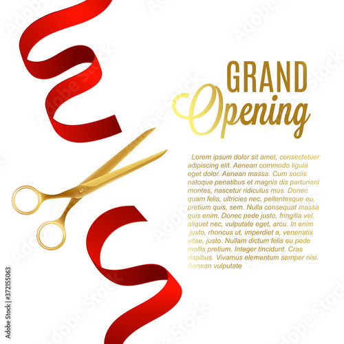 Grand opening poster with gold scissors cutting red ribbon and text template