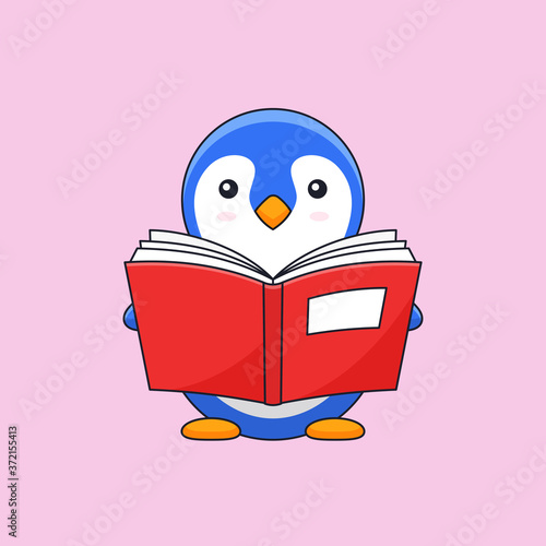 Cute penguin enjoy read thick book vector outline illustration mascot