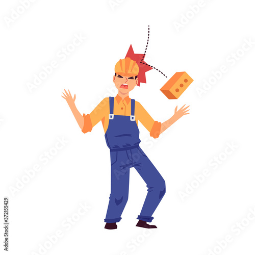 Work injury - cartoon builder manhit on head by falling brick