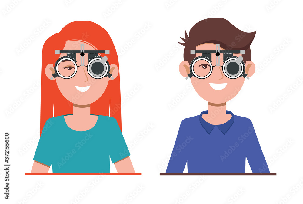 People vision checkup in ophthalmological clinic. Optometrist checking kid and adult eyesight with spectacles medical equipment. Glasses lens selection. Flat cartoon character illustration on white