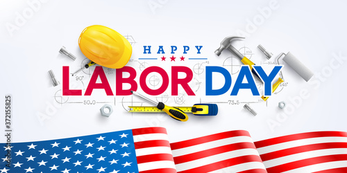 Labor Day poster template.USA Labor Day celebration with American flag,Safety hard hat and Construction tools.Sale promotion advertising Poster or Banner for Labor Day photo