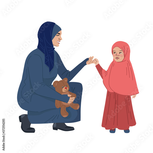 Muslim mother and daughter. Middle Eastern family. A young woman and a little girl in Arabic clothes. Vector bright illustration