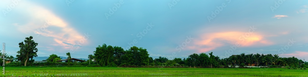 The beautiful panorama landscape, The Twilight time sunset with colorful clouds at the top of the Rice fields, Phayao Northern Thailand The beautiful panorama landscape, The Twilight time sunset with colorful clouds at the top of the Rice fields, Phayao Northern Thailand