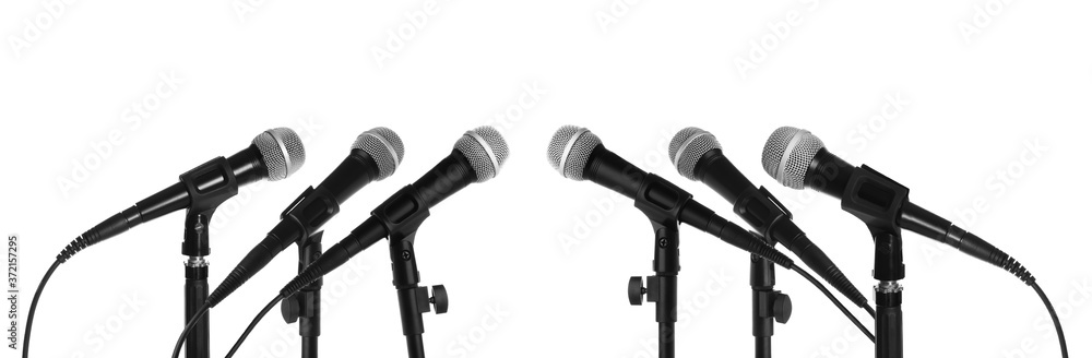 Set of different microphones on white background - obrazy, fototapety, plakaty 