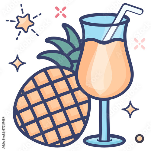 
Pineapple with glass, pina colada in flat style 
