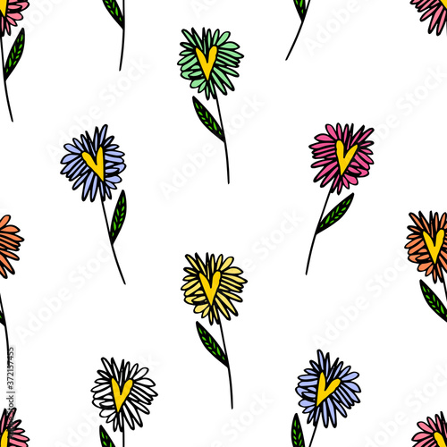 flower with a center in the form of a heart hand drawn in doodle style with multi-colored petals on a white background of a square shape. Vector illustration