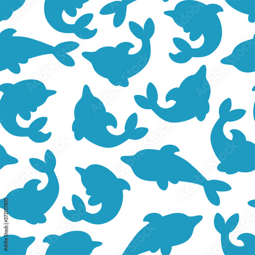 Seamless pattern with silhouettes of dolphins in white background. Minimalistic design with blue dolphins. Flat vector illustration.