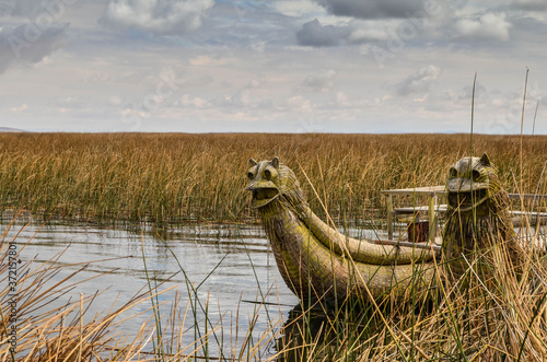 Traditional boat made of grass in lake Titicaca, Peru.  © Andr