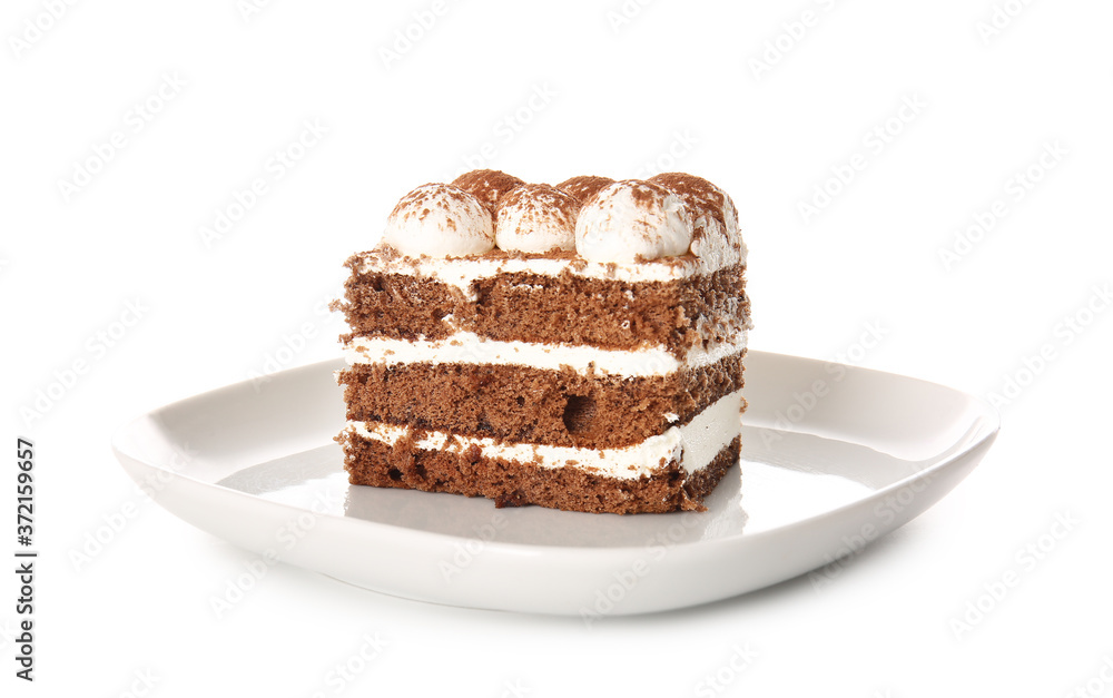 Tasty tiramisu on white background Tasty tiramisu on white background