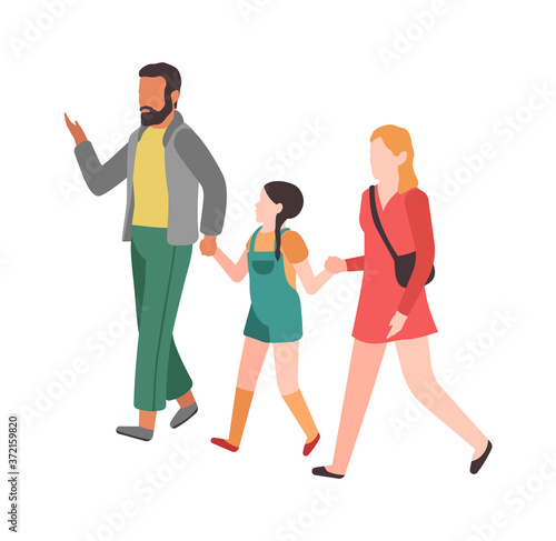 Family walking. Mom dad and child hold hands and walk in park, happy parents cartoon character relationships parenthood concept, flat vector isolated illustration