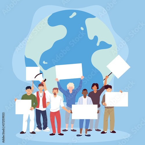 Men with posters and megaphone at a global social protest