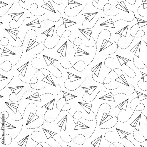 Line paper airplane seamless pattern. Flying black planes of different angles and dotted line trails on white background. Creative design textile  wrapping  wallpaper vector texture