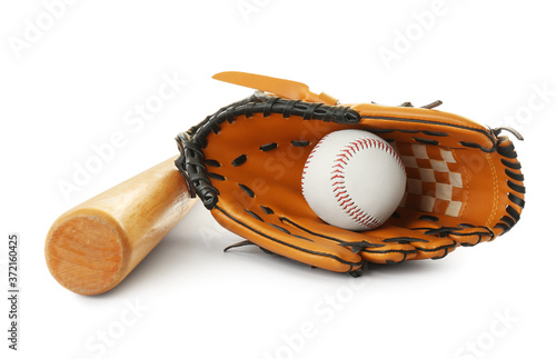 Photography Leather baseball ball, bat and glove on white background
