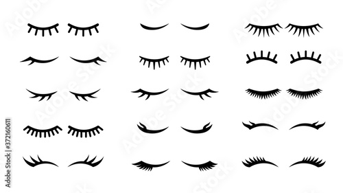 Closed girl eyes and eyelashes. Various closed eye with beautiful black eyelashes, mascara beauty face makeup line vector set