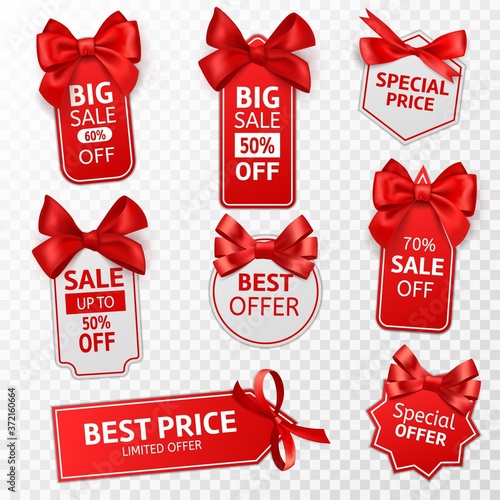 Shopping labels. Red price tags special offer, sale retail, promotion messaging christmas pricing, discount label with bow vector templates