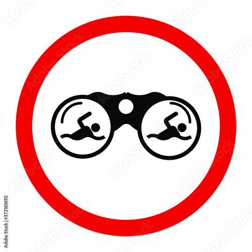Red round binoculars sign on white background, sign for design, vector illustration