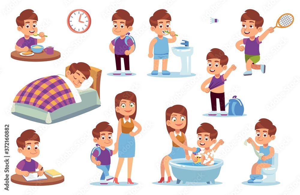 Boy routine. Kid daily activities, little child sleeps bed, wake up and takes bath with mother, does homework and eats breakfast in school vector isolated cartoon set Boy routine. Kid daily activities, little child sleeps bed, wake up and takes bath with mother, does homework and eats breakfast in school vector isolated cartoon set