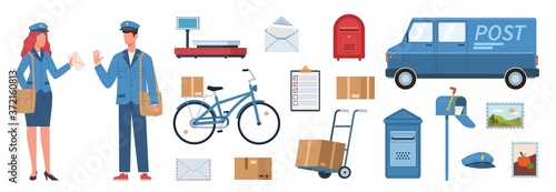 Postman characters. Woman and man in mailman uniform, postal equipment. Van, parcels and post boxes, postage stamp envelopes delivery service vector flat vector set