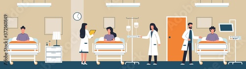 Intensive therapy clinic. Doctors examining patient in ward medical care, using oxygen therapy, nurse provide dropper, interior panorama healthcare vector horizontal concept